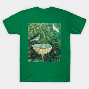 POMPEII COLLECTION,LITTLE BIRDS,DOVES AND FOUNTAIN IN GARDEN ,GREEN FLORAL T-Shirt